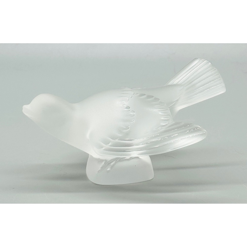 Lalique Sparrow Bird Figurine Frosted Crystal Wings Spread Head Up Signed France
